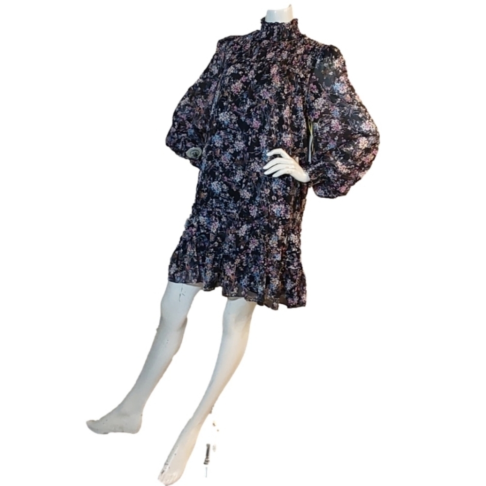 CECE NWT SMOKED NECK FLORAL LONG SLEEVES KNEE HIGH DRESS SIZE MEDIUM - Picture 5 of 6